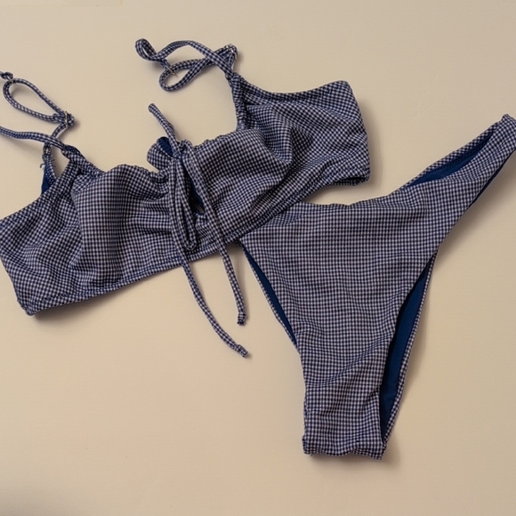Seamolly Blue Mini Gingham Drawstring Tied Brazilian Bottom Bikini Set - Size M - Picture 2 of 11